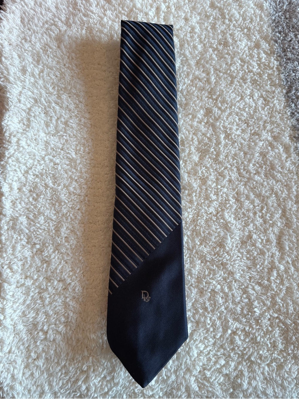 Dior Navy Tie with Gold and White Diagonal Stripes